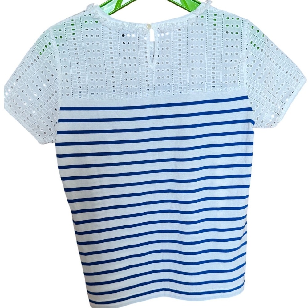 J.Crew Womens XS Mixed Media Eyelet Lace Striped Short Sleeve Top Blue White - Picture 2 of 10